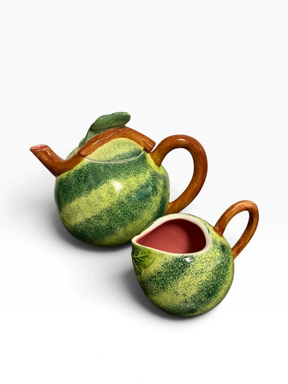 Pier 1 Imports Watermelon Ceramic Teapot and Creamer Set Handcrafted Fruit Decor